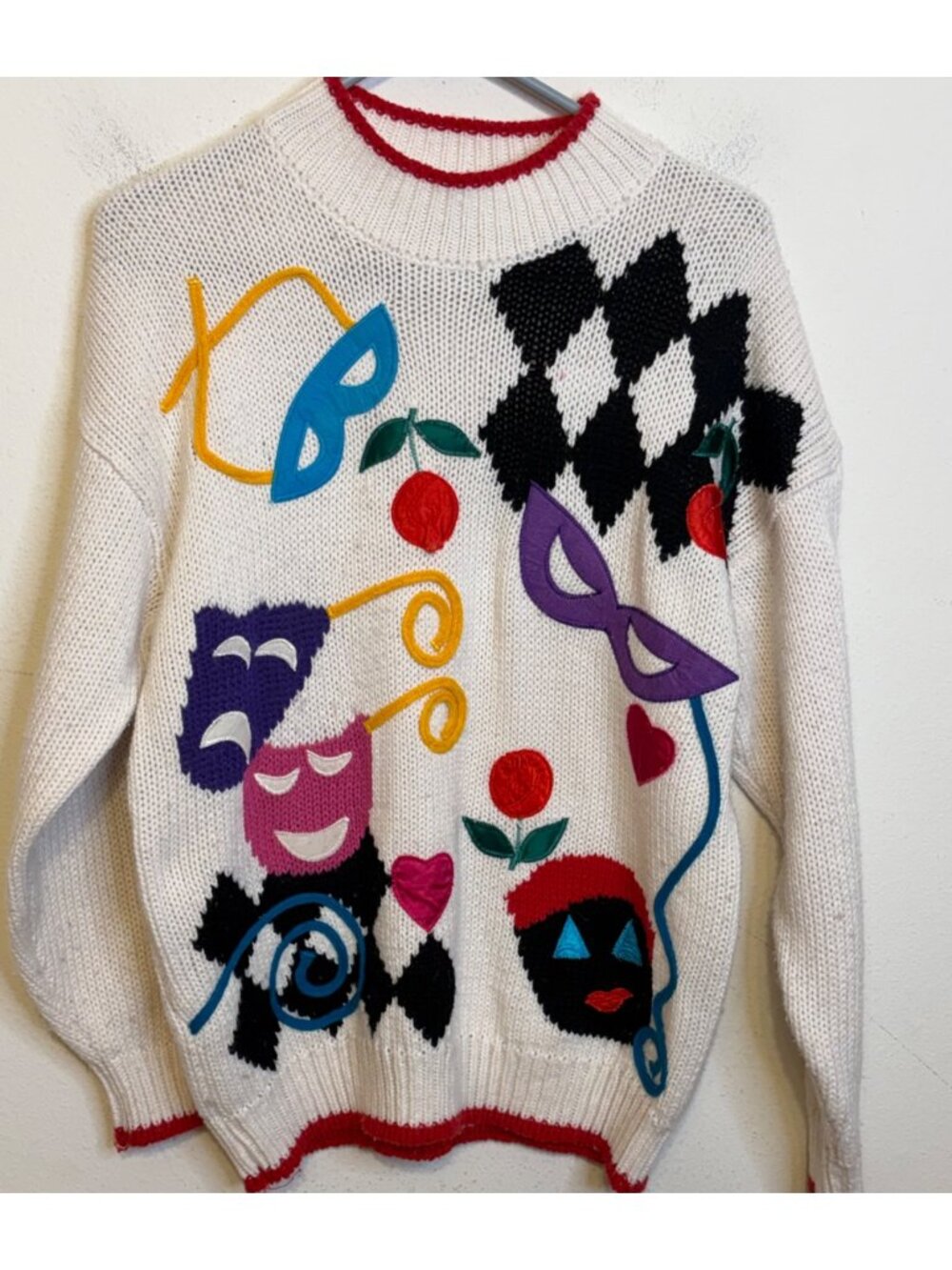 Vintage Cherry Stix LTD Mardi Gras Mask Cherry Long Sleeve Sweater Women LARGE